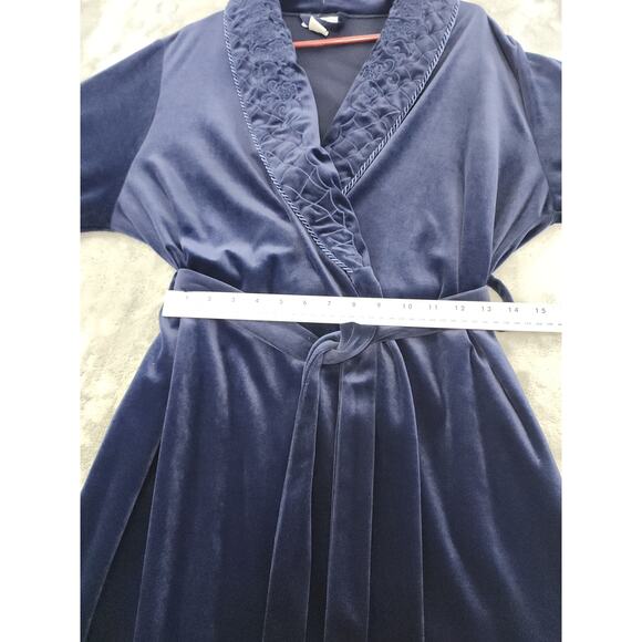 Vintage 80s Amanda Stewart Embroidered Velvet Long Wrap Robe Size M Blue Pockets - Picture 8 of 9